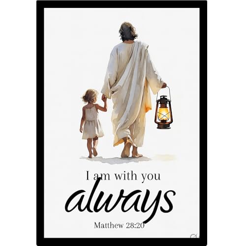 Image of Jesus With Child Wall Art Frame I Am With You Always Matthew 28 20 Christian Wall Decor Bible Verse Photo Frame Religious Gift Home Decor (12X8 Inch A4)