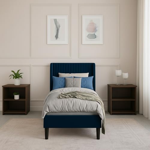 Image of Modern Upholstered Single Size Bed Without Storage | Single Size Bed for Bedroom with Headboard | Palang Furniture for Guest Room, Hotels and Home | Blue, (Blue)