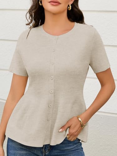 Image of Saodimallsu Womens Short Sleeve Cardigans Ruffle Button Down Crew Neck Peplum Babydoll Knit Sweater Tops