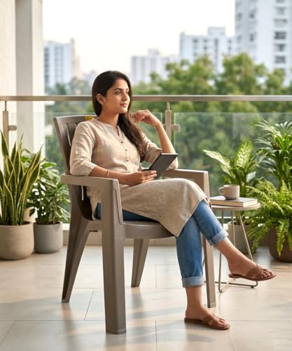 Image of Patiofy Single Plastic Chair for Home & Outdoor Use | Heavy Duty Comfortable Chair with Strong Legs | Stackable, Easy to Clean | Suitable for Living Room, Balcony (Pack of 1-Spino | Choco Cream)