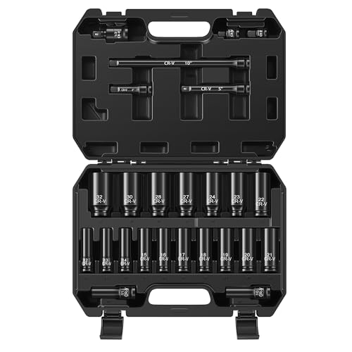 Image of Reniteco 25-Piece 1 /2 inch Drive Socket Set, Metric(10mm-32mm), Deep Sockets, Extension Bars, 1 /2 inch F to 3 /8 inch M Reducer,3 /8 inch F to 1 /2 inch M Reducer, Universal Joint, 6 Point Design, Cr-V