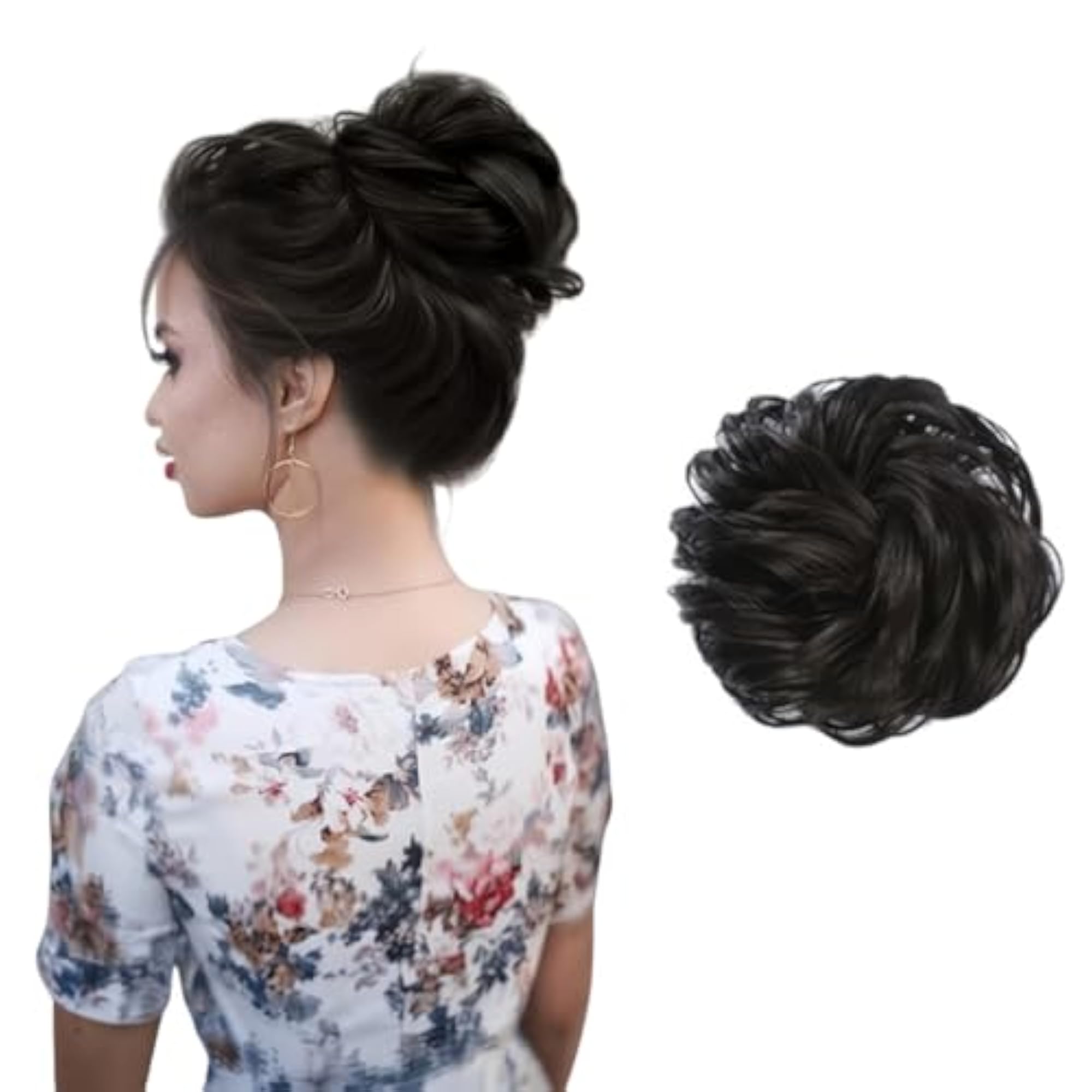 Messy Bun Hair Piece with Elastic Rubber Band, Black Color