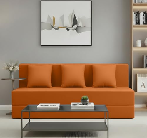 Image of AMATA Instant 3 Seater Foldable Sofa Cum Bed Orange Suede Velvet Fabric with 2 Pillow Perfect for Home Living Office Room and Guests (3 Year Warranty) (Orange, Instant 3 Seater Sofa Cum Bed)