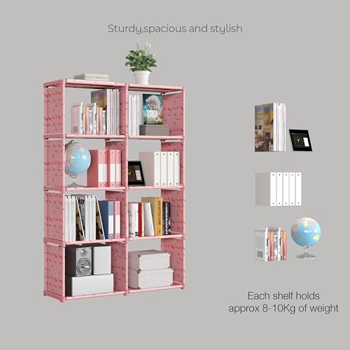 Image of TARKAN Open Book Shelf, Pink Cherry, 8 Compartment Storage Organizer, 85x26x125 cm, Moisture Resistant Fabric with Metal Frame