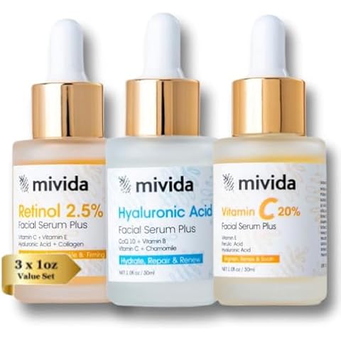 Anti Againg Face Serum Trio, 20% Vitamin C, Powerhosue Hyaluronic-Acid and 2.5% Retinol Serum For Face - 3 Bottles x 1 Fl Oz | Brightening, Firming & Hydrating | sensitive skin safe Cover