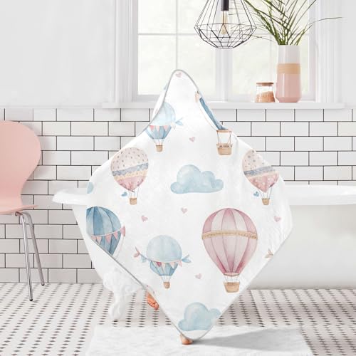 Image of Watercolor Hot Air Balloon Baby Towel Ultra Soft Hooded Towels for Babies - Ultra Absorbent Cotton Bath Towels 30x30 Inch