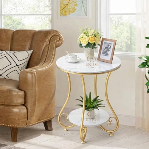 Image of Modern Marble Top Side Table with Metal Frame | Round End Table for Living Room & Bedroom (White Gold)