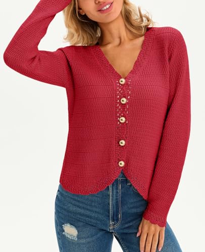 Image of Saodimallsu Womens V Neck Cardigan Sweaters Button Up Cropped Boho Knit Long Sleeve Loose Trendy Sweater Tops