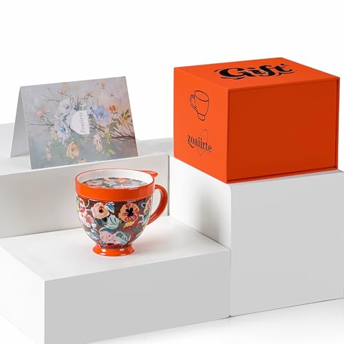Taza grande de cerámica con tapa, 450 ml, diseño floral miniatura 1