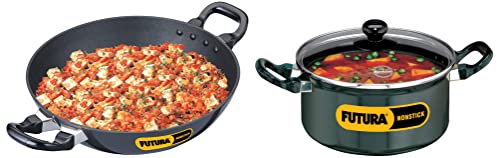 Hawkins – Q54 Futura Non-Stick Kadhai Deep-Fry Pan, 2.5 Litres/26Cm, Black & Hawkins – Q34 Futura Non-Stick Stewpot with Glass Lid, 3 litres