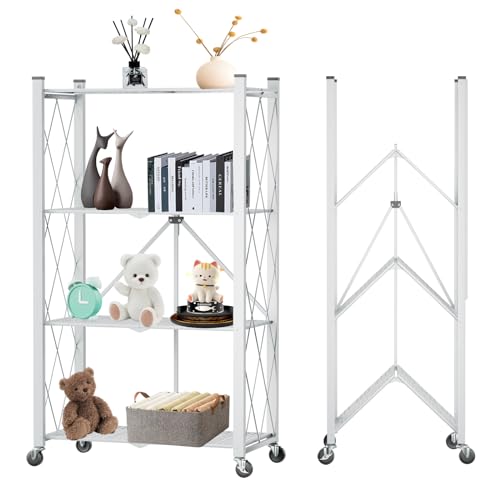 Image of 4-Tier Folding Shelf with Wheels No Assembly Portable Shelves | Folding Shelf Loads 600 LBS,Metal Steel Collapsible Shelves, Rolling Standing Utility Rack for Kitchen, Pantry, Office, White