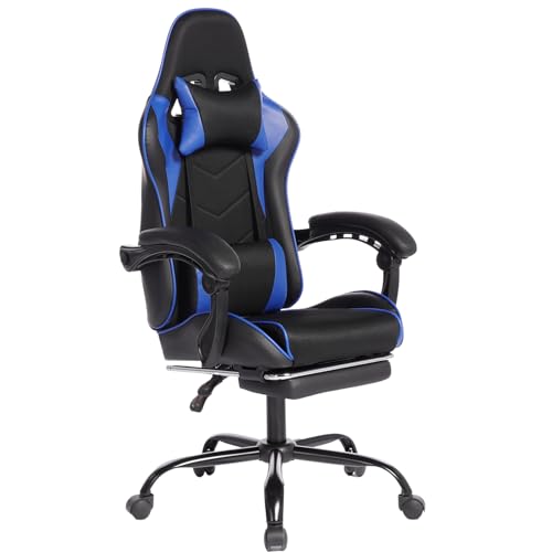 Image of Gaming Chair with Headrest and Lumbar Support, High Back Leather Computer Office Desk Chair with Footrest, 360 Swivel Height Adjustable Recliner Game Chair (Blue Black)