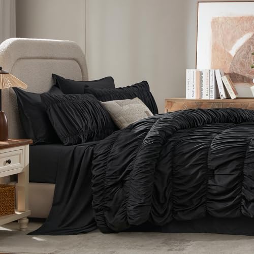 Image of Andency Ruched Full Size Comforter Sets Black, 7 Pieces Ruffle Bed Set in a Bag, Shabby Chic Pleat Bedding Set with Comforter, Sheets, Pillowcase & Sham, Lightweight, Soft, All Season
