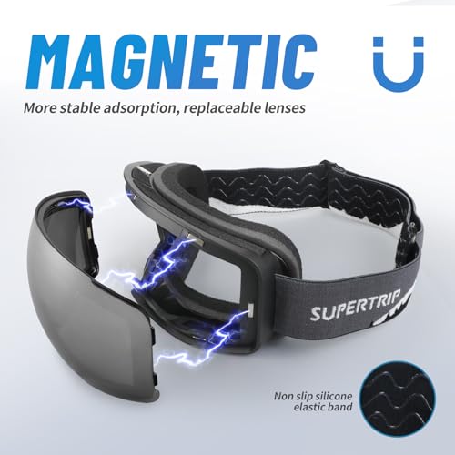 Supertrip Adult Ski Goggles, Interchangeable Lens Anti-Fog Snow Snowboard Goggles for Men Women Youth (Black frame silver+Transparent lens)