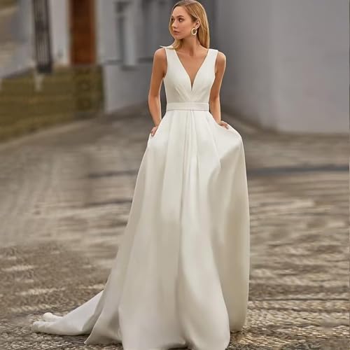 Women's V Neck Satin Wedding Dress for Bride A Line Floor Lenght Formal Bridal Dress with Pocket4