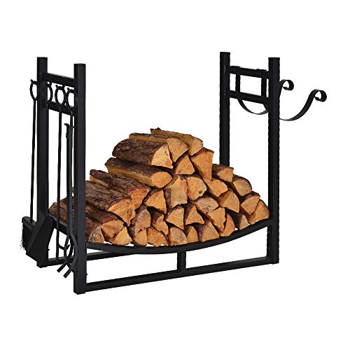 Firewood Rack Indoor Outdoor w/ 4 Tools, 3ft Log Rack Fire Wood Holders Storage Carrier by Patio Guarder, Heavy Duty Steel Log Holder with Kindling Holder for Backyard Garden Firepit Fireplace, Black