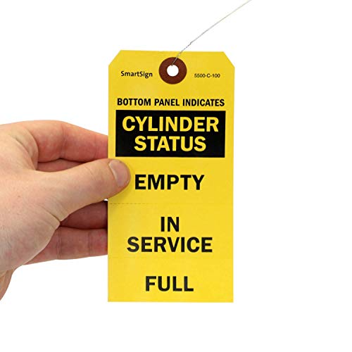 SmartSign (Pack of 100) 5.75 x 2.875 inch “Cylinder Status - Empty, in Service, Full” 3-Part Perforated Tags with Pre-Attached Wires, 13 Point Cardstock, Black and Yellow