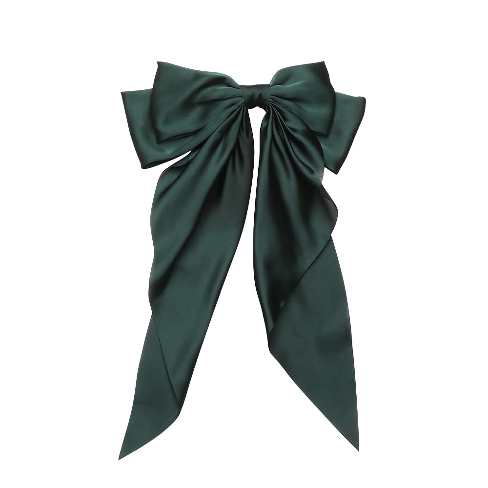 Bow Hair Clip Hair Bows for Women Big Bowknot Hairpin French Hair Clips with Long Ribbon Solid Color French Barrette Clip Soft Satin Silky Hair Bows(Green) - Image 2