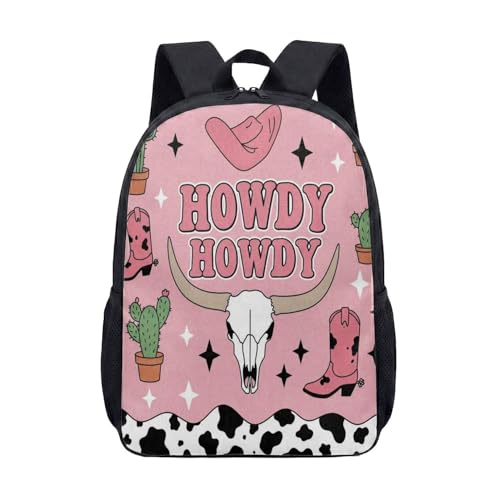 Mochila retrô de cowboy com caveira de touro ocidental, 43 cm, rosa, estampa de cacto Howdy, mochila de viagem para mulheres e homens, 01, G