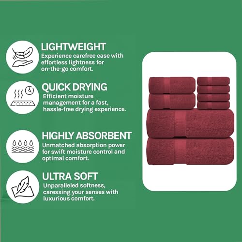 Image of Sulfar 100% Combed Cotton, 8 Pcs Towel Set - 2 Bath Towels (70 x 140 cm), 2 Hand Towels (40 x 70 cm) and 4 Face Towel (30 x 30 cm) (600 GSM, Pack of 8) Red Wine
