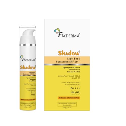 Image of Fixderma Shadow Light Fluid Sunscreen SPF 50+ & PA++++, Lightweight & Oil Free, Clinically Tested in-Vivo, for Oily Skin, Sensitive, No White Cast, UVA /UVB Protection - 50g