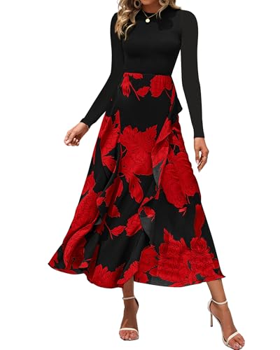 Image of BTFBM Womens Floral Maxi Dress Fall 2025 Casual Crewneck Long Sleeve Ruffle Flowy Cocktail Wedding Guest Dresses