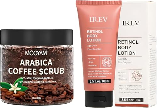 KORAL - Cremas con Fórmulas Coreanas con ingredientes activos - Unisex EXFOLIANTE con Café Arábigo 250 g + Crema hidratante corporal de retinol y oro 100 ml. Limpieza facial y corporal profunda.