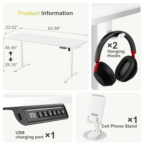 Image of Furmax 63 Inches Electric Standing Desk, Home Office Desk with Phone Holder