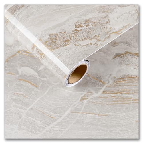CRE8TIVE 36"x118" Wide Beige Gold Marble Contact Paper for Kitchen Countertop Peel and Stick Marble Wallpaper Removable Adhesive Waterproof Glossy Liquid Marble Vinyl Paper for Bathroom Cabinets Walls