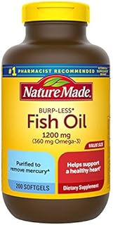 Nature Made Burp Less Fish Oil 1200 mg, Fish Oil Supplements, Omega 3 Fish Oil for Healthy Heart Support, Omega 3 Supplement with 200 Softgels, 100 Day Supply