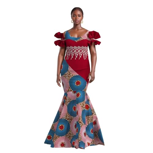 Image of iooiooi Womens Elegant Ankara Maxi Mermaid Dress Lace Decorated African Gowns