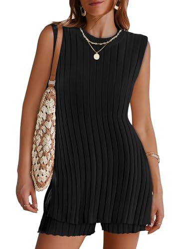 Tankaneo Womens 2 Piece Summer Outfits Knit Sweater Sets Sleeveless Ribbed Tunic Tops and Shorts Vacation Beach Lounge Set