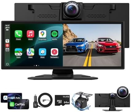 Wireless Carplay Screen for Car with 4K Dash Cam, 11.26 inch Portable A-pple CarPlay & Android Auto Car Stereo Touchscreen with Backup Camera, Mirror Link/Navigation/Bluetooth/Siri/FM