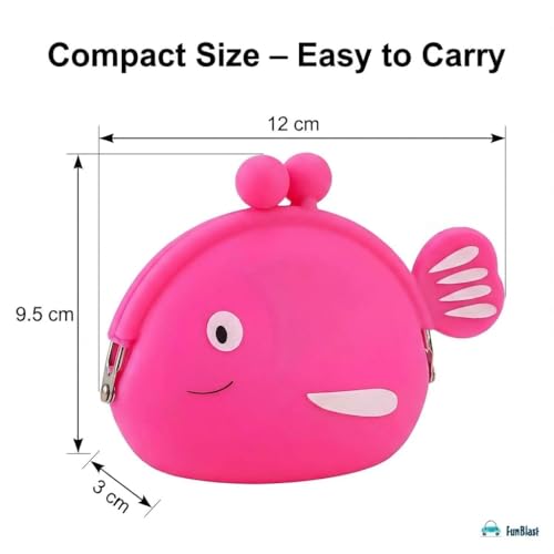 Image of FunBlast Cute Fish Shape Silicone Coin Purse for Kids & Adults - Mini Pouch for Coins, Earphones, Keys & Small Essentials, Aesthetic Pouches for Girls & Women - 12 X 9.5 X 3 Cm (Pink)