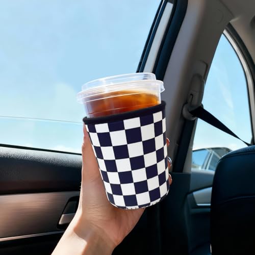 Image of Reusable Insulated Sleeve for Iced Coffee Cup, Coffee Neoprene Sleeve for Cold & Hot Drinks, Beverage Holder for Iced Coffee (Checker Grid, Medium: 22-24oz)