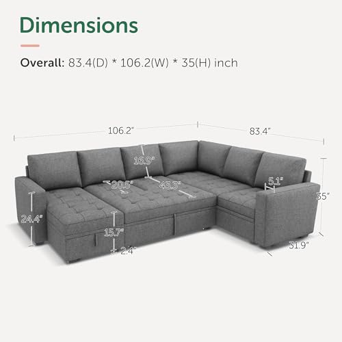 Image of HONBAY Modular Sectional Sleeper Sofa with Pull Out Bed, Convertible L Shaped Couch with Storage Seat, Sectional Couches for Living Room,Grey