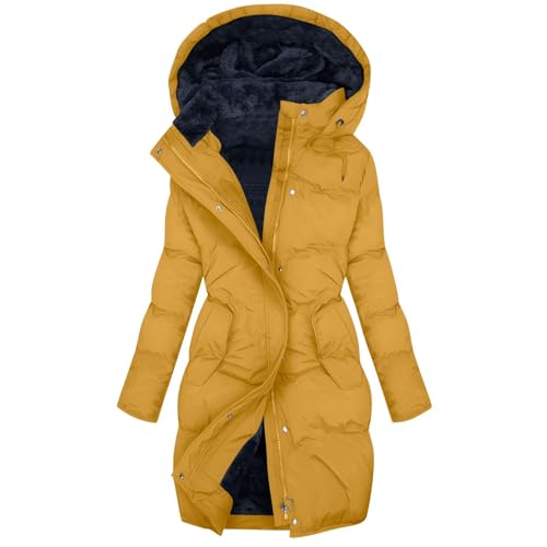 Lazzboy Wintermantel Damen Winterjacke Warm Steppmantel Mäntel Für Daunenmantel Lang Gefüttert Winterparka Winter Jacke Mantel Parka Reißverschluss Einfarbig Mit Kapuze Outdoor (Gelb,L)