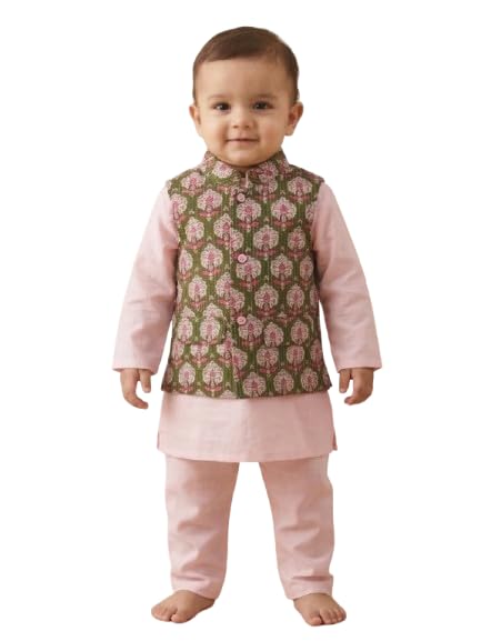Image of Pspeaches Boys Cotton Full Sleeves Mandarin Collar Solid Kurta & Pyjamas With Dobby Jacket 3 Piece Set|Ethnic Wear For Cute Baby Boys|Traditional & Festive Outfit
