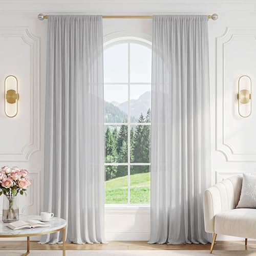 Image of FMFUNCTEX Grey Sheer Curtains, 90 Inch, Rod Pocket, 2 Panels for Bedroom | Grey Semi Sheer Airy Drapes for Living Room, Faux Silk, Light Filtering for Privacy Without Blocking Natural Light