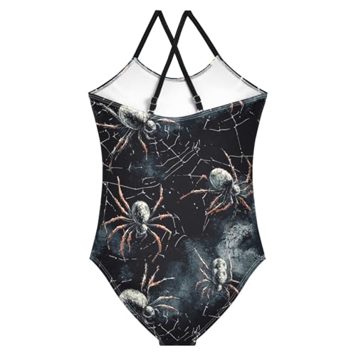 Pigsaly Girls One Piece Swimsuits Watercolor White Spider Webs Black Spiders Kids Cross Back Swimwear Sport Bathing Suit 3T2