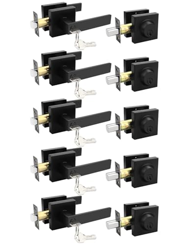 Image of Tinewa 5 Pack Square Keyed Alike Front Door Levers with Single Cylinder Deadbolt, Flat Black Exterior Door Knob Lock Sets with Deadbolt Combination Sets, for Entrance /Front and Office Doors
