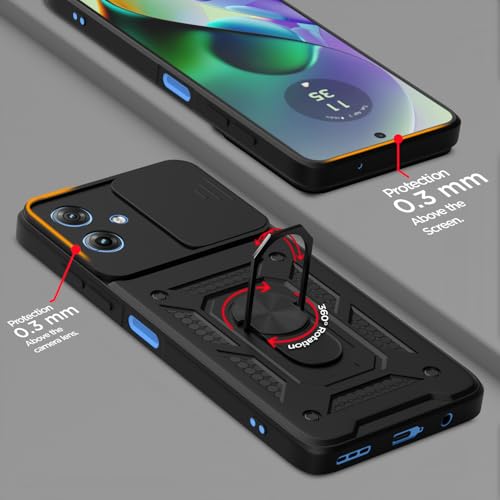 Image of Pikkme Back Cover for Motorola Moto G54 5G / G64 5G | 360 Protection Case | Sliding Camera Shield Cover & Ring Holder Stand D10 Tough Armor Bumper Case (Black)
