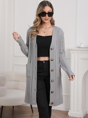 Image of Womens Cardigan Sweaters Cable Knit Sweater 2026 Fall Winter Chunky Open Front Button Down Coats with Pockets