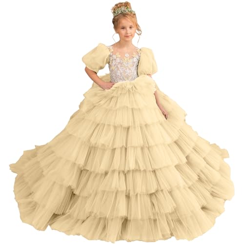 Flower Girl Dress Lace Appliques Princess Tulle Pageant Dress Ruffles Long Flower Girl Dresses