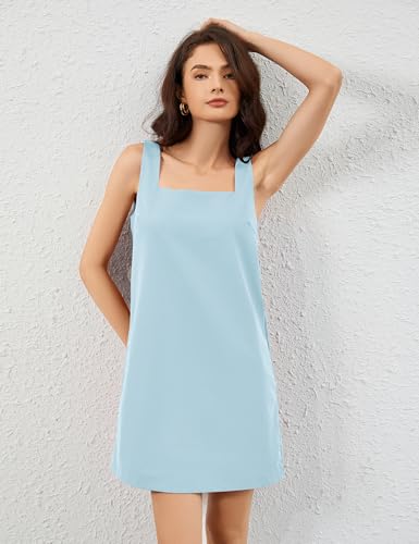 Image of Burtell Summer Sleeveless Cotton Linen Mini Dresses for Women Casual Square Neck Backless Short Dress Solid Tank Shift Dress