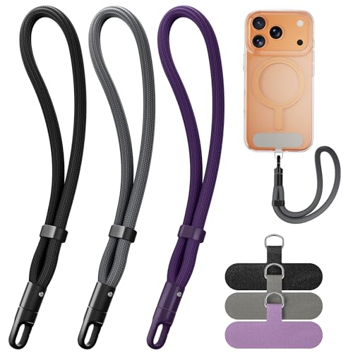 SHANSHUI Hand Wrist Strap Lanyard, 3 Pack Adjustable Cell Phone Lanyard Strap, Hand Wrist Strap Lanyard with 3x Tether Tabs for Smartphones- Black Gray Purple