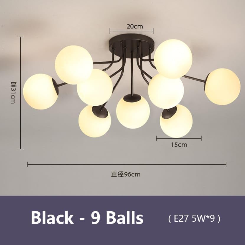 Image of Prop It Up Modern Globe Chandelier Ceiling Light, 9 Frosted Glass Shades, Black Metal Frame, Semi-Flush Mount, Without Bulb