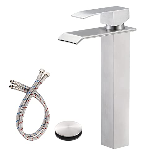 Shaco Brushed Nickel Vessel Sink Faucet, Tall Waterfall Bathroom Faucet For Sink Bowl, Single Handle One Hole Bathroom Mixer Tap With Pop Up Drain And Water Supply Line, Lavatory Vanity Faucet #TOP23