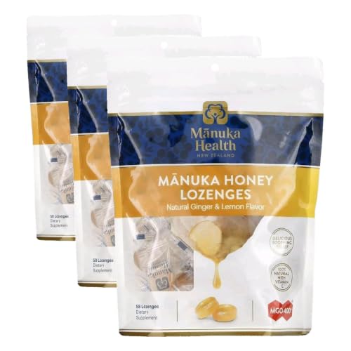 Image of Manuka Health Manuka Honey Cough Drops - 58 Natural Lemon & Ginger Flavored Throat Lozenges Infused with Raw Manuka Honey and Vitamin C for Immune Support (Pack of 3)