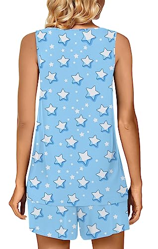 Image of POPYOUNG Pajama Set for Women Summer 2 Piece Lounge Shorts Sets Sleepwear | Womens Pajama Sets Cooling pijamas de mujer for Summer with Pockets Sleeveless Nightwear Outfits Pjs Shorts Set